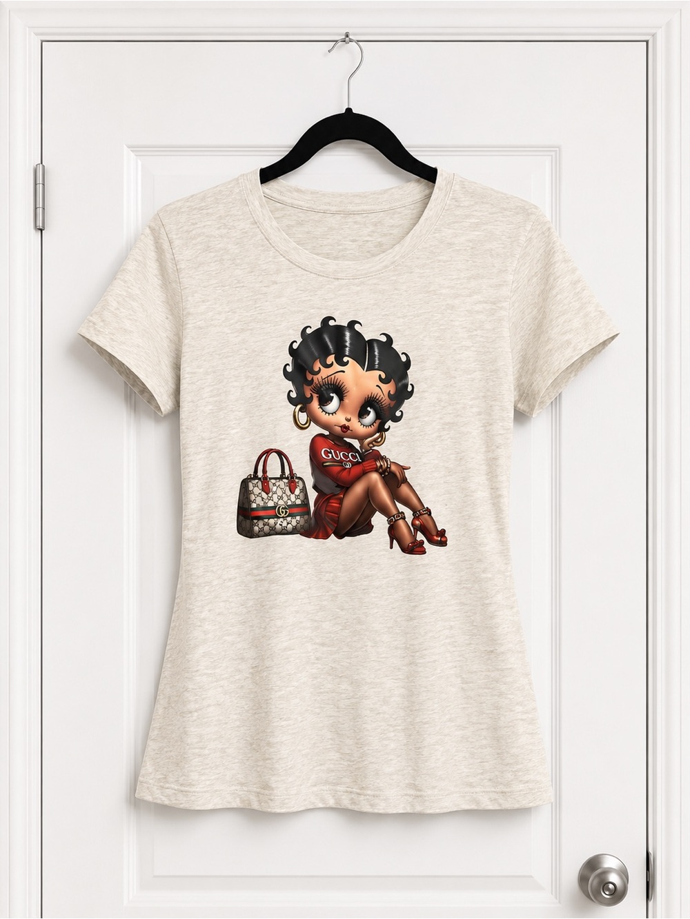 Beige Betty Boop Fitted Graphic Tee with Red Accents
